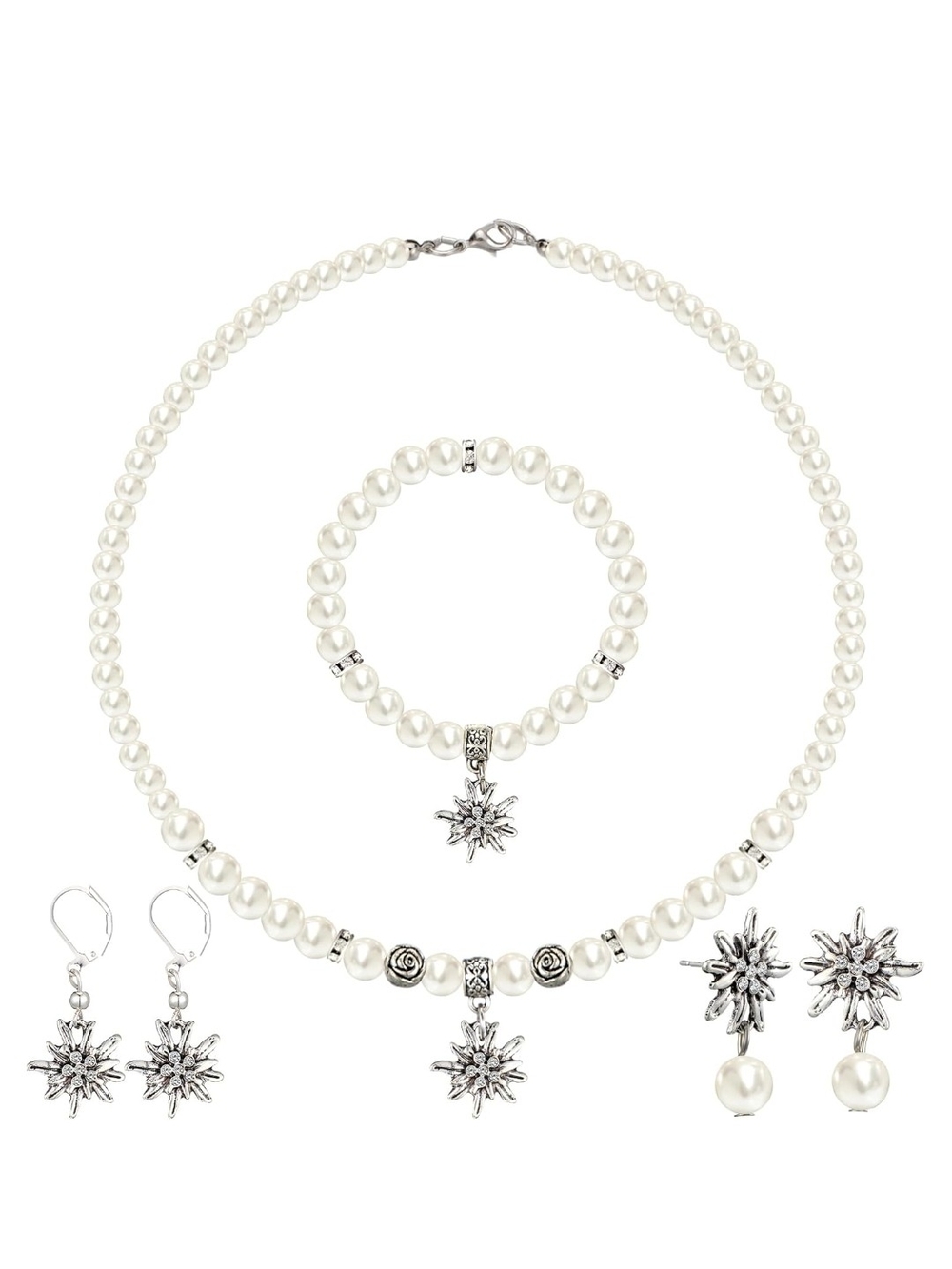 4 Pcs Oktoberfest Pearl Jewelry Set Edelweiss Necklace Bracelet Earrings NEW